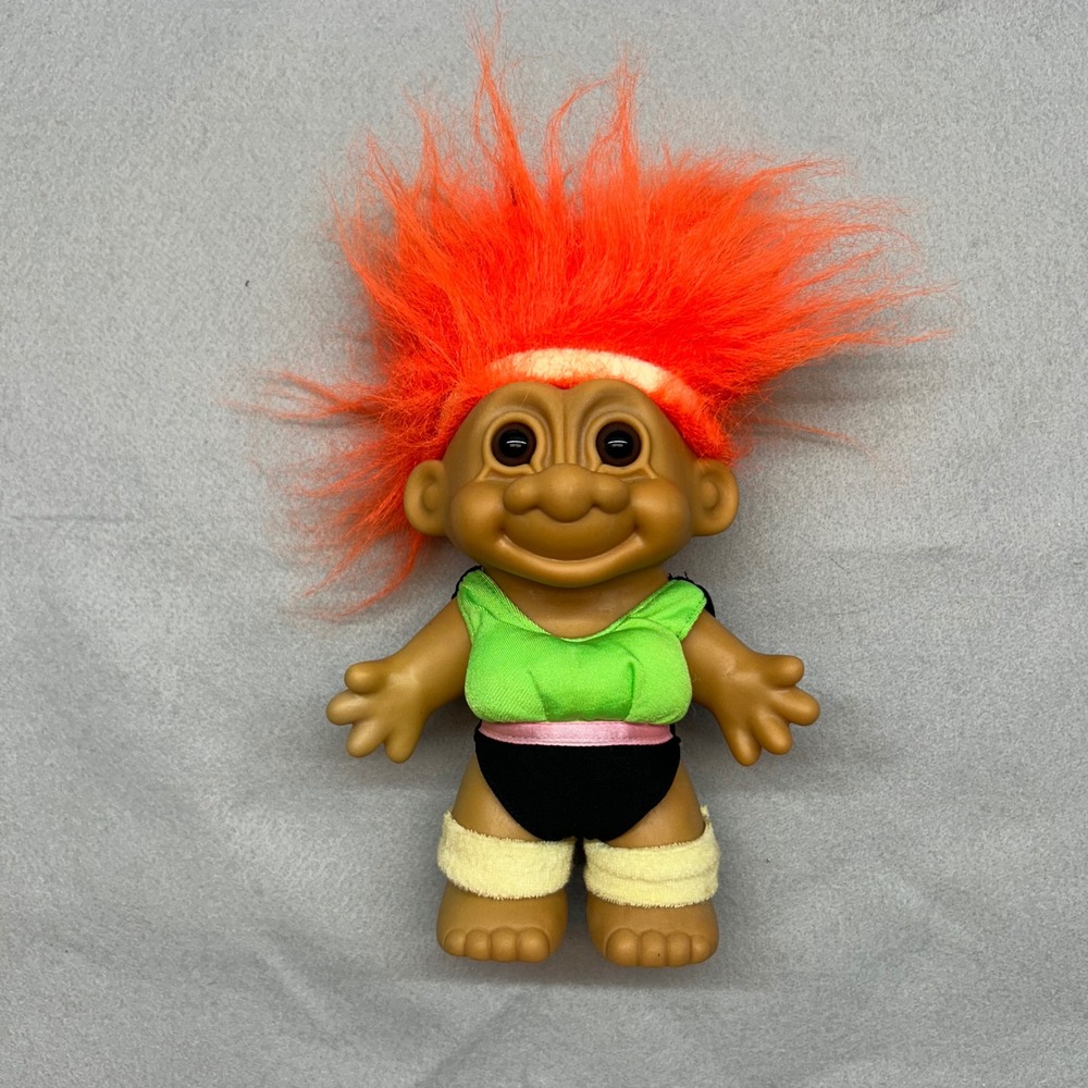 Vintage Troll Doll Orange Hair 80s Workout Outfit Neon Green Leotard 5 inch